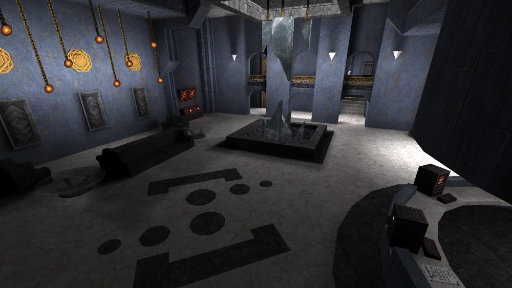Preview of the Quake map, Upright in Blue, showing the lobby area of the office building.