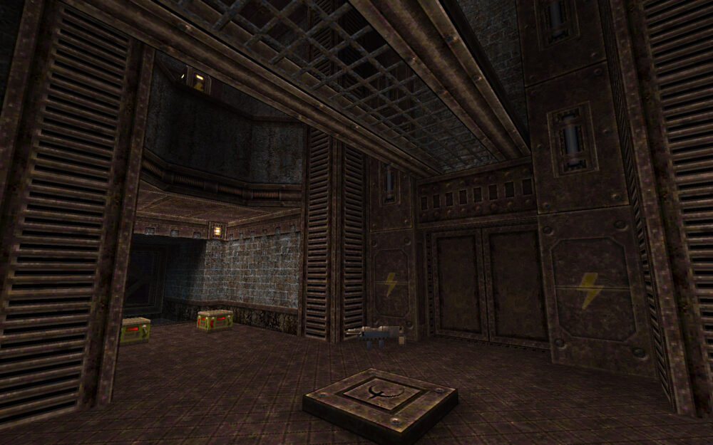 Screenshot from Quake, using the cr8 texture set.