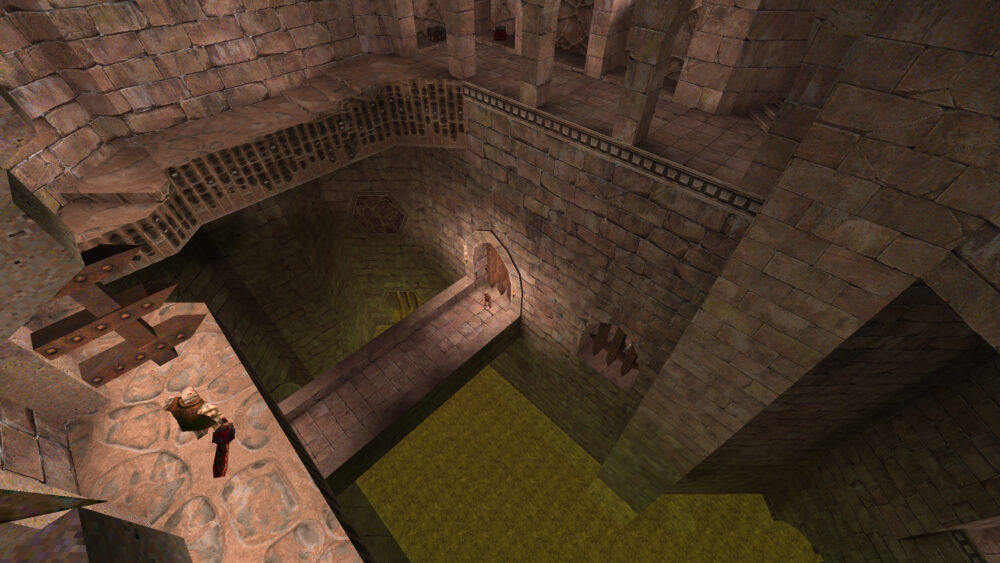 Screenshot from Quake, Arcane Dimensions, showing an overhead view of a bridge with an ogre looking down.