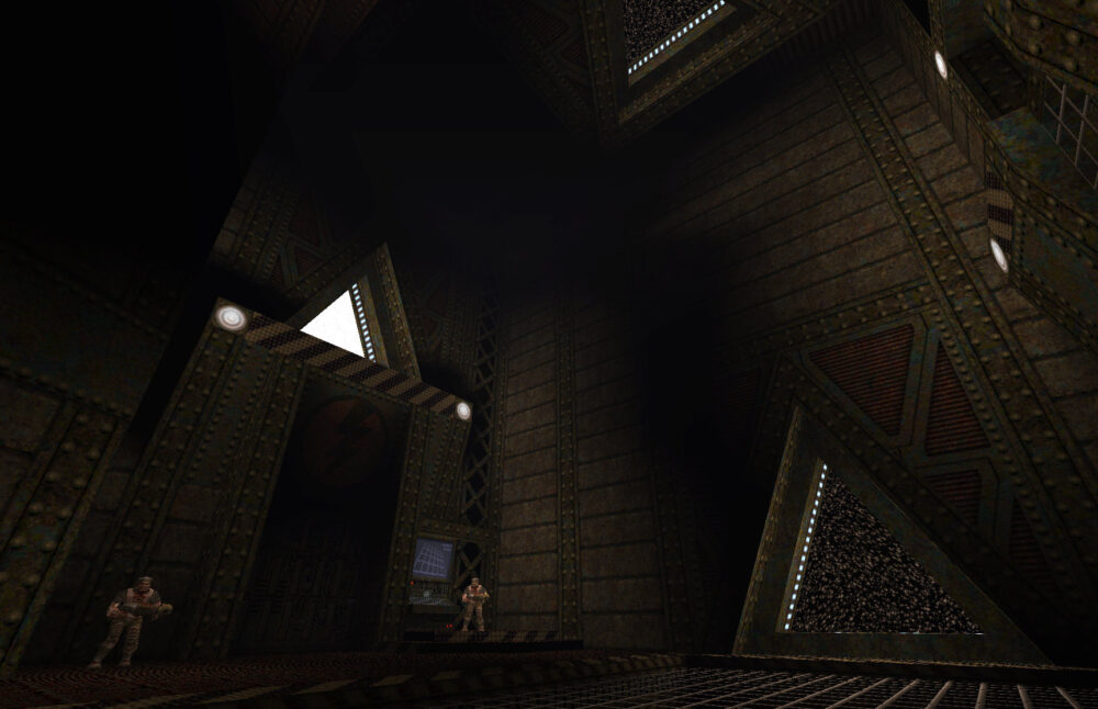 Screenshot from Quake, showing black and white textured portals.