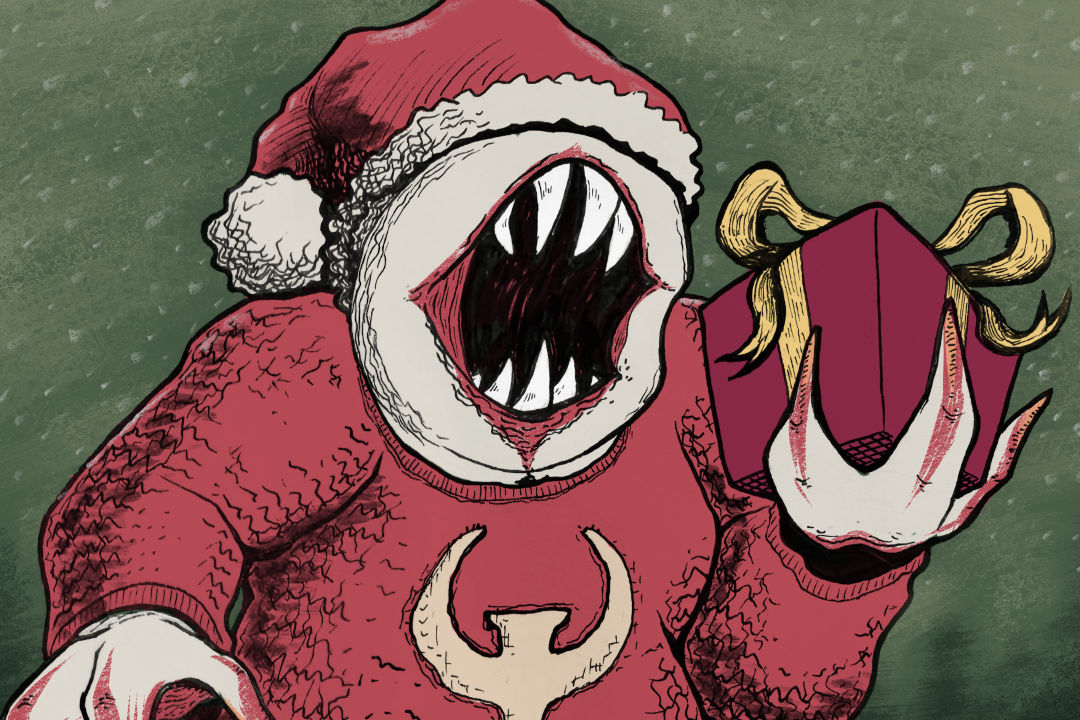 Colored ink drawing of a shambler from the game Quake, wearing a red sweater, Santa cap, and holding out a wrapped present.